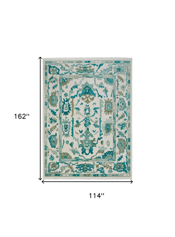 HomeRoots 4' Ivory and Blue Floral Hand-Knotted Wool Area Rug with Elegant Fringe for Timeless Home Style 9' X 13' 566308