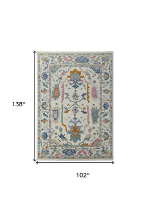 HomeRoots 4' Hand-Knotted Floral Wool Area Rug in Blue, Ivory & Pink - Durable, Stain-Resistant Design 8' X 12' 566313
