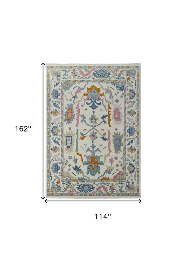 HomeRoots 4' Hand-Knotted Floral Wool Area Rug in Blue, Ivory & Pink - Durable, Stain-Resistant Design 9' X 13' 566314