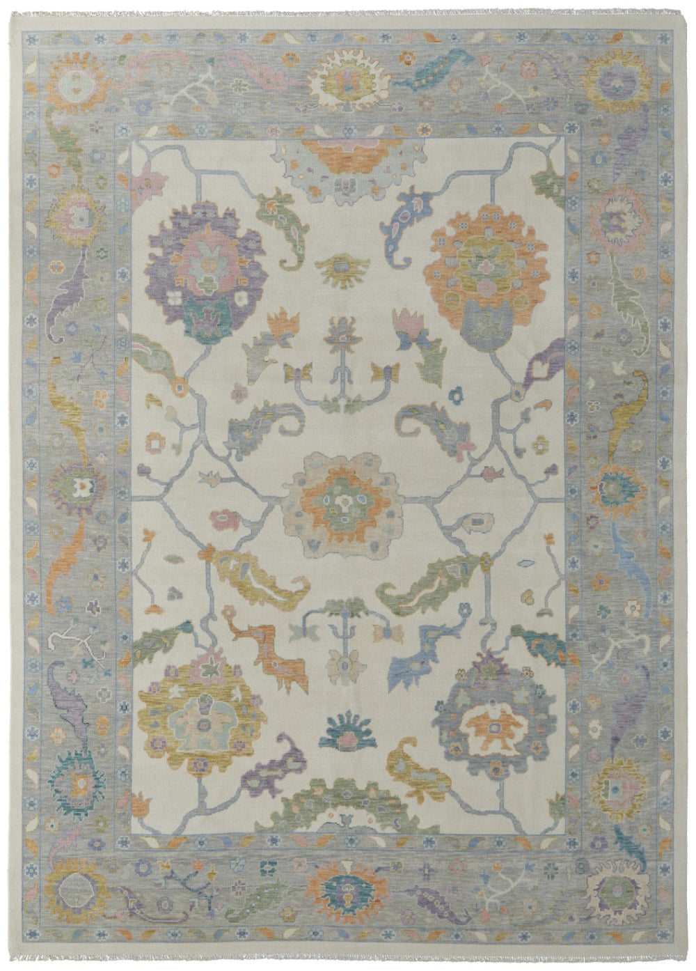 HomeRoots 4' Hand-Knotted Wool Area Rug with Gray, Ivory & Orange Floral Design - Elegant Fringed Finish 9' X 13' 566320
