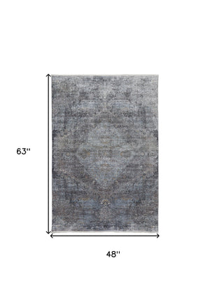 Homeroots 4' X 5' Gray And Silver Abstract Power Loom Worn Faded Area Rug Gray Viscose 566329