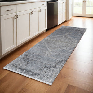 Homeroots 8' Gray And Silver Abstract Power Loom Worn Faded Runner Rug Gray Viscose 566334