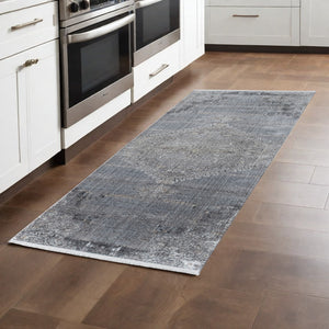 Homeroots 8' Gray And Silver Abstract Power Loom Worn Faded Runner Rug Gray Viscose 566334