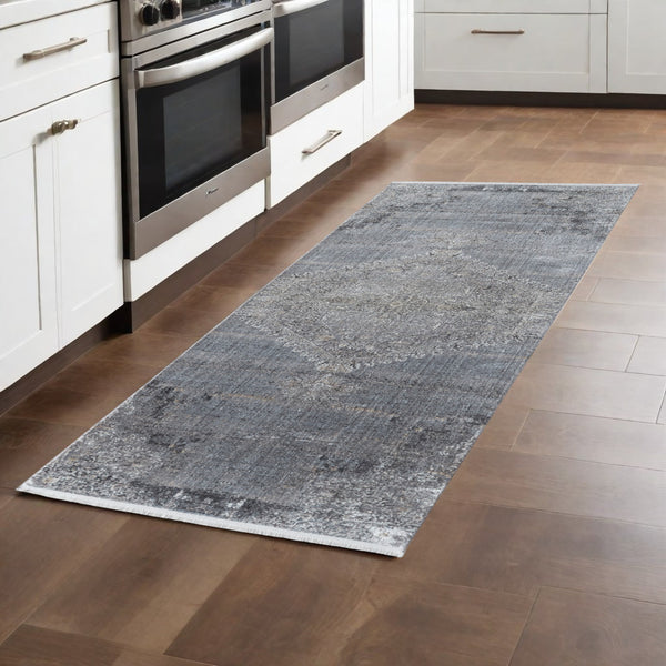 Homeroots 8' Gray And Silver Abstract Power Loom Worn Faded Runner Rug Gray Viscose 566334
