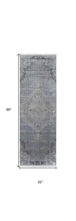 Homeroots 8' Gray And Silver Abstract Power Loom Worn Faded Runner Rug Gray Viscose 566334