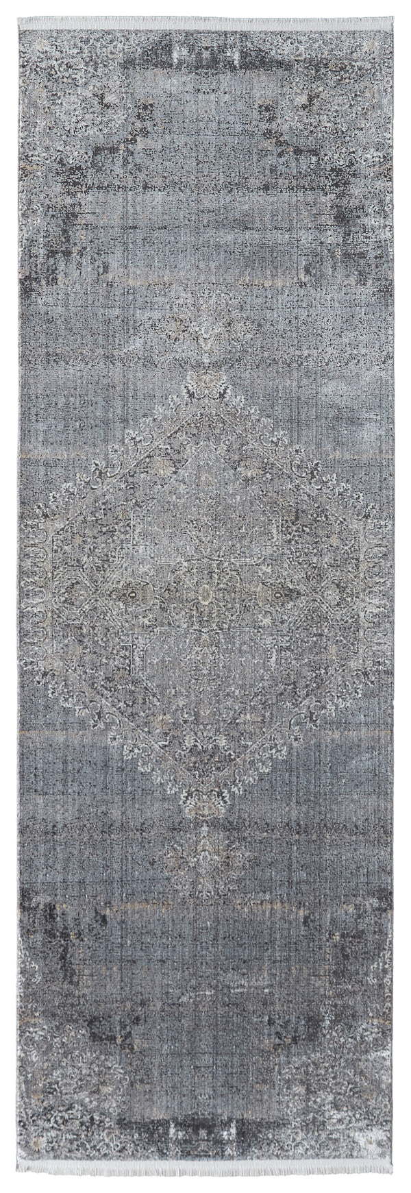 Homeroots 8' Gray And Silver Abstract Power Loom Worn Faded Runner Rug Gray Viscose 566334