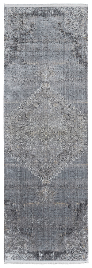 Homeroots 8' Gray And Silver Abstract Power Loom Worn Faded Runner Rug Gray Viscose 566335
