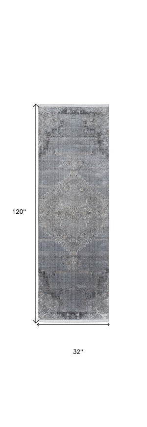 Homeroots 8' Gray And Silver Abstract Power Loom Worn Faded Runner Rug Gray Viscose 566335