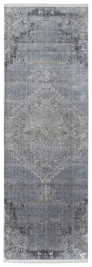 Homeroots 8' Gray And Silver Abstract Power Loom Worn Faded Runner Rug Gray Viscose 566335