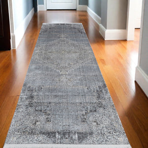 Homeroots 12' Gray And Silver Abstract Power Loom Worn Faded Runner Rug Gray Viscose 566336
