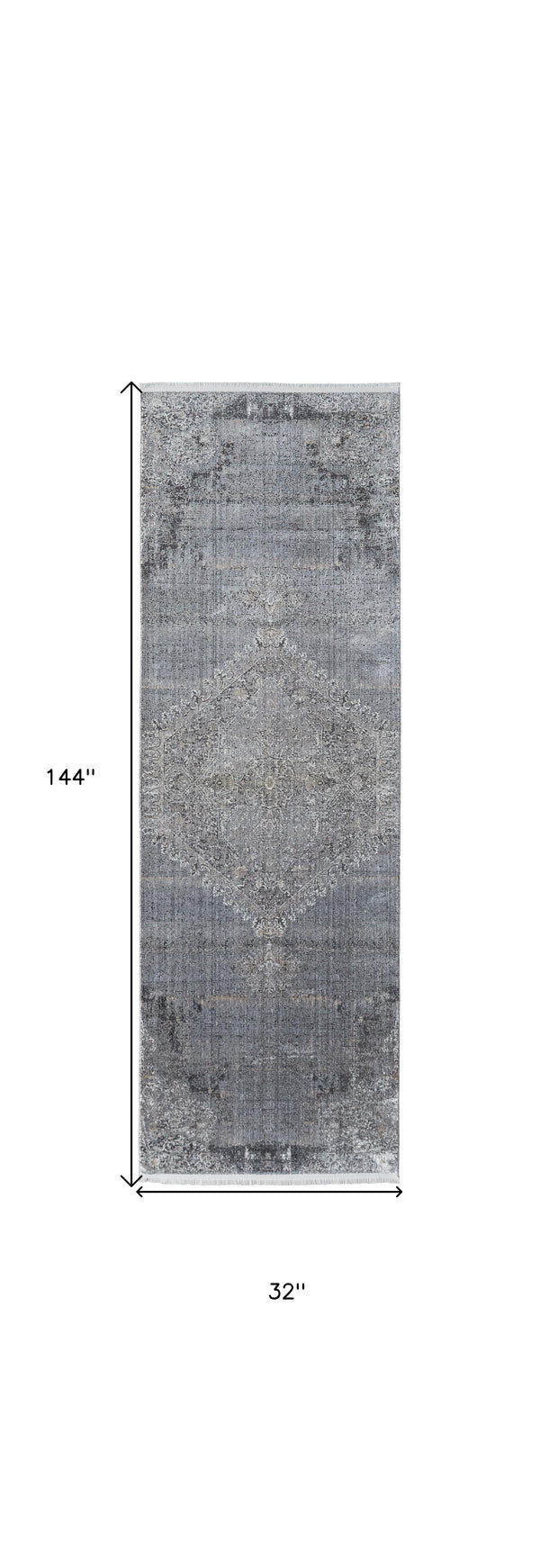 Homeroots 12' Gray And Silver Abstract Power Loom Worn Faded Runner Rug Gray Viscose 566336