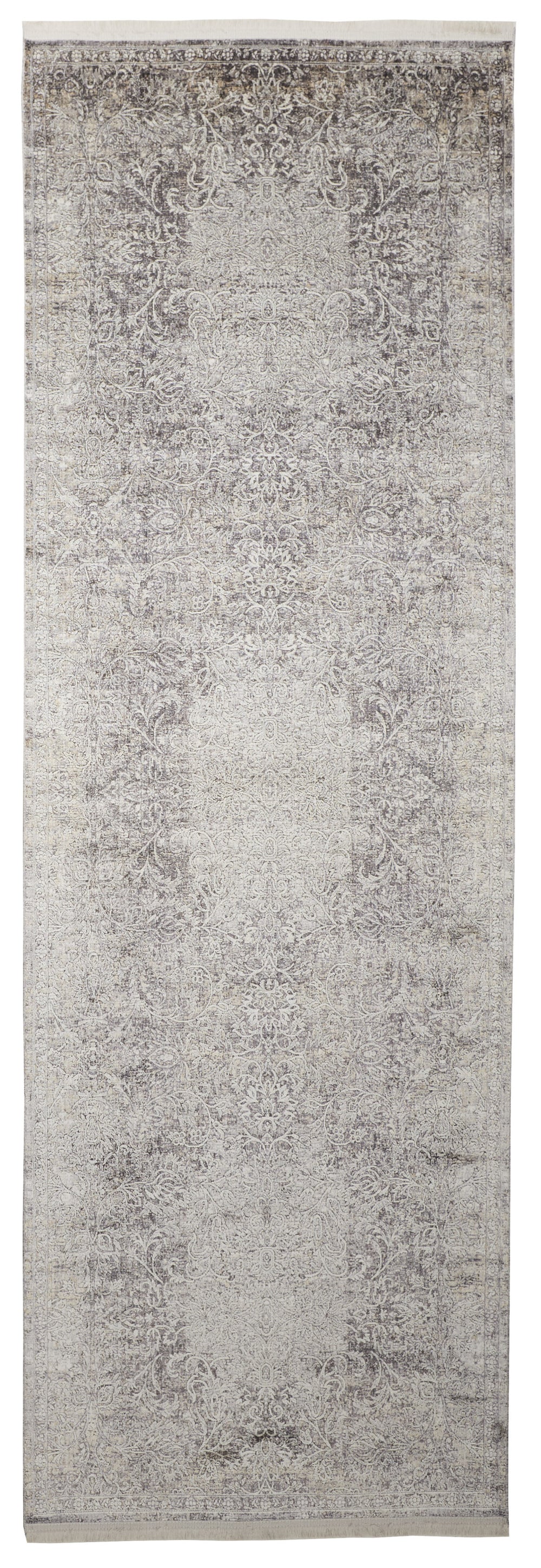 Homeroots 8' Gray And Ivory Oriental Power Loom Worn Faded Runner Rug Gray Viscose 566344