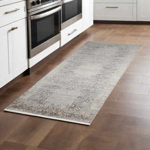 Homeroots 8' Gray And Ivory Oriental Power Loom Worn Faded Runner Rug Gray Viscose 566345