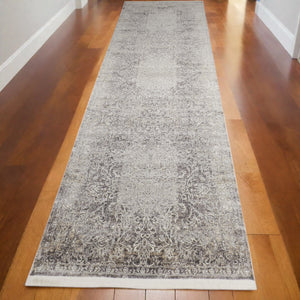 Homeroots 12' Gray And Ivory Oriental Power Loom Worn Faded Runner Rug Gray Viscose 566346