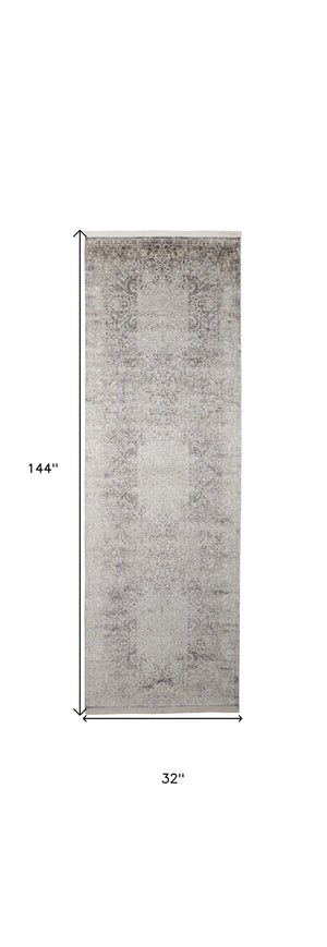 Homeroots 12' Gray And Ivory Oriental Power Loom Worn Faded Runner Rug Gray Viscose 566346