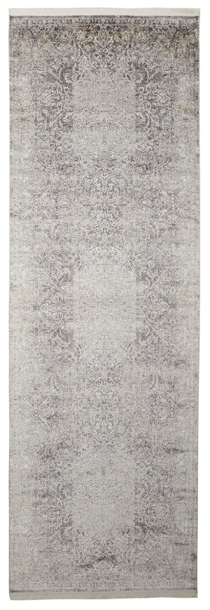 Homeroots 12' Gray And Ivory Oriental Power Loom Worn Faded Runner Rug Gray Viscose 566346