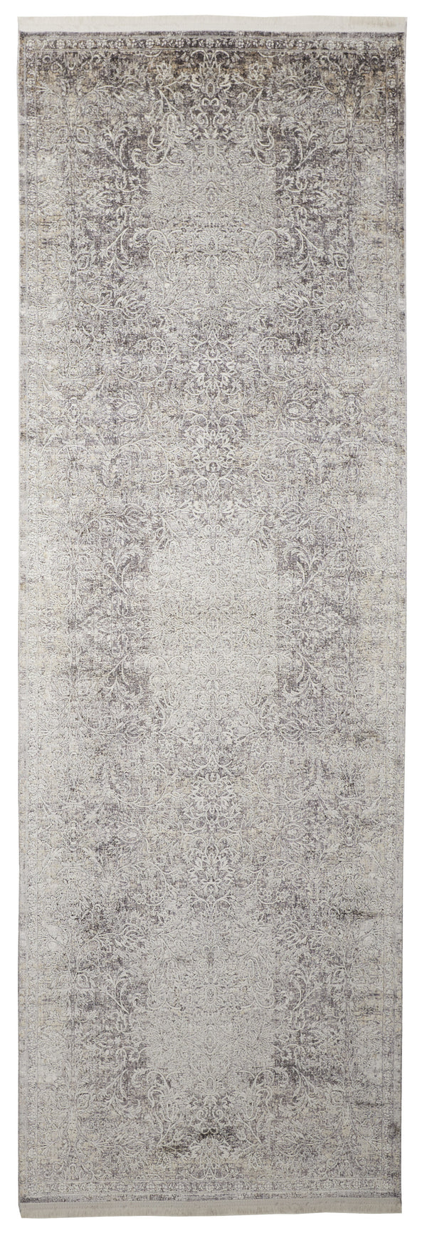 Homeroots 12' Gray And Ivory Oriental Power Loom Worn Faded Runner Rug Gray Viscose 566346
