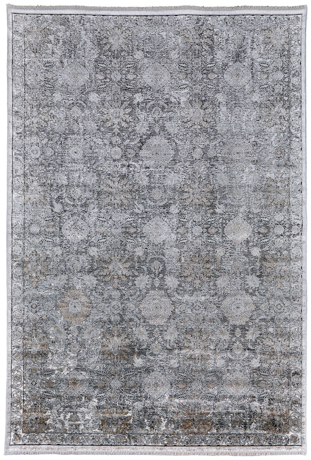 Homeroots 4' X 5' Gray And Silver Damask Power Loom Worn Faded Area Rug Gray Viscose 566349