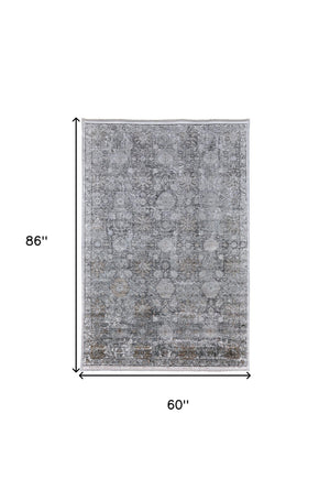 Homeroots 5' X 7' Gray And Silver Damask Power Loom Worn Faded Area Rug Gray Viscose 566350