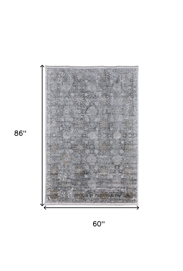 Homeroots 5' X 7' Gray And Silver Damask Power Loom Worn Faded Area Rug Gray Viscose 566350