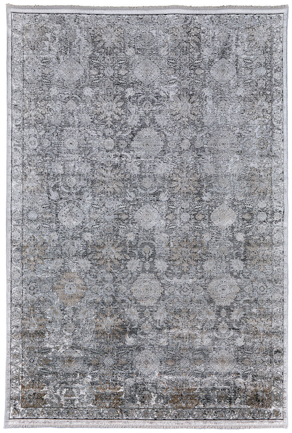 Homeroots 5' X 7' Gray And Silver Damask Power Loom Worn Faded Area Rug Gray Viscose 566350