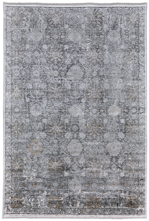 Homeroots 9' X 13' Gray And Silver Damask Power Loom Worn Faded Area Rug Gray Viscose 566353