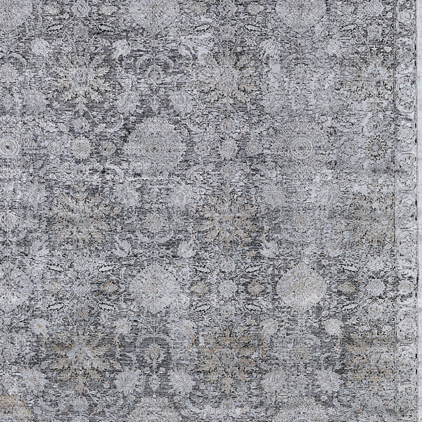 Homeroots 9' X 13' Gray And Silver Damask Power Loom Worn Faded Area Rug Gray Viscose 566353