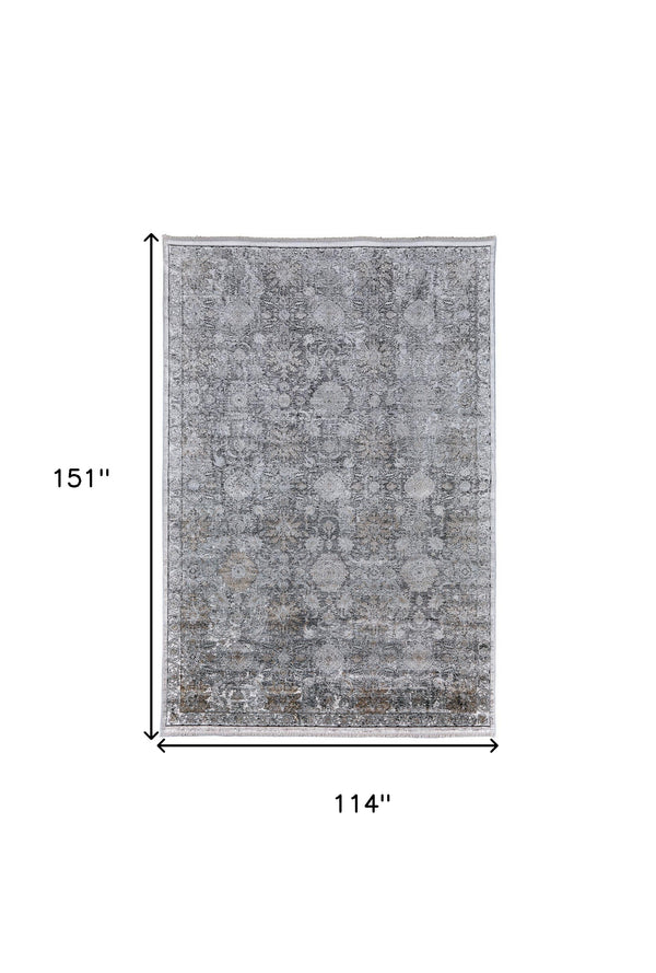 Homeroots 9' X 13' Gray And Silver Damask Power Loom Worn Faded Area Rug Gray Viscose 566353