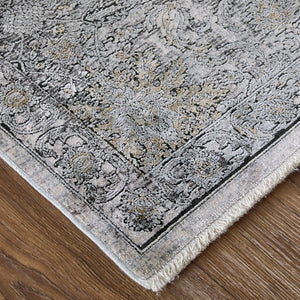 HomeRoots 4' Elegant Gray and Silver Damask Area Rug - Worn-Faded Design for Timeless Sophistication and Comfort 8' Runner 566354