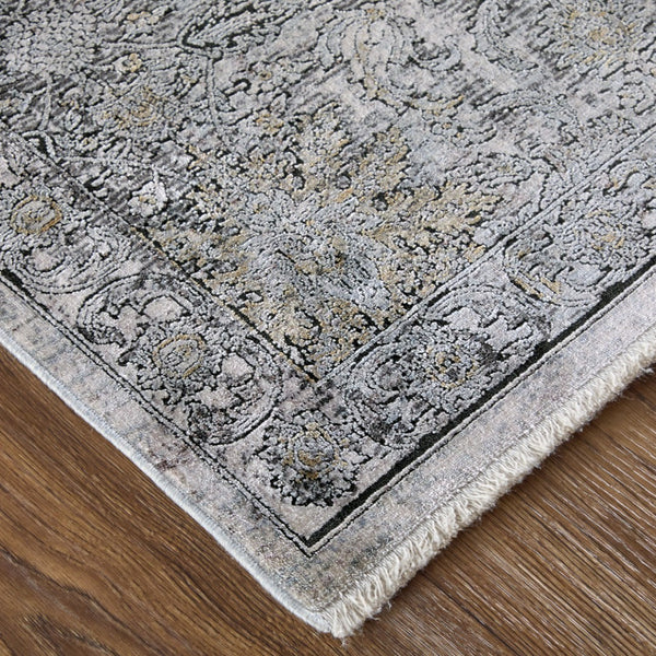 HomeRoots 4' Elegant Gray and Silver Damask Area Rug - Worn-Faded Design for Timeless Sophistication and Comfort 8' Runner 566354