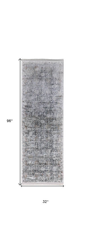 Homeroots 8' Gray And Silver Damask Power Loom Worn Faded Runner Rug Gray Viscose 566354