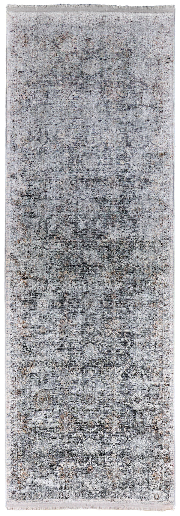 Homeroots 8' Gray And Silver Damask Power Loom Worn Faded Runner Rug Gray Viscose 566354