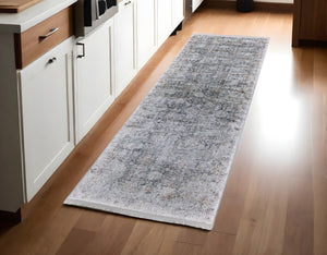 Homeroots 8' Gray And Silver Damask Power Loom Worn Faded Runner Rug Gray Viscose 566355