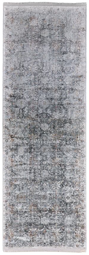 Homeroots 8' Gray And Silver Damask Power Loom Worn Faded Runner Rug Gray Viscose 566355
