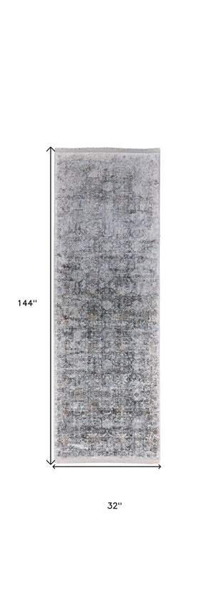 Homeroots 12' Gray And Silver Damask Power Loom Worn Faded Runner Rug Gray Viscose 566356