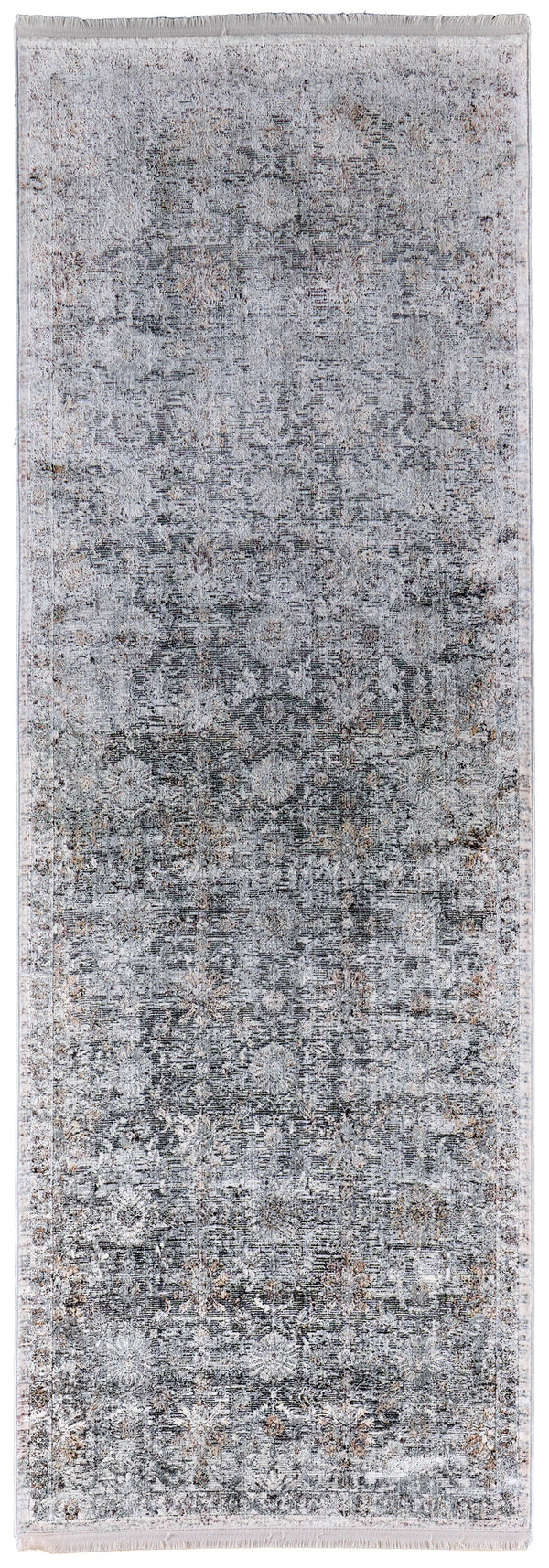 Homeroots 12' Gray And Silver Damask Power Loom Worn Faded Runner Rug Gray Viscose 566356