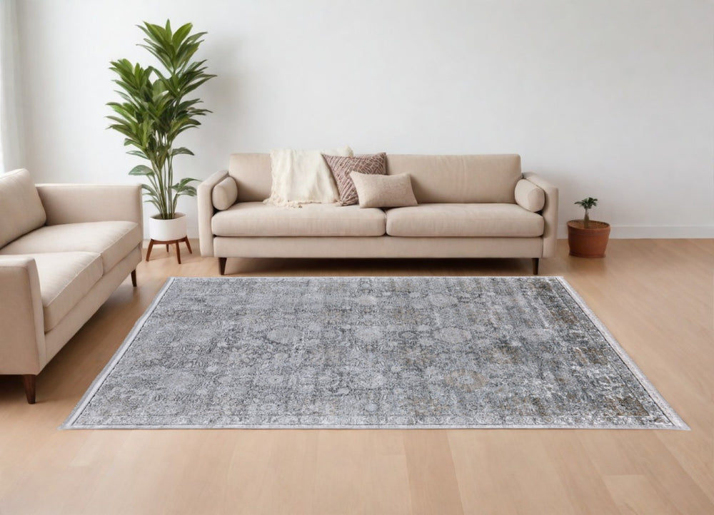 HomeRoots 4' Elegant Gray and Silver Damask Area Rug - Worn-Faded Design for Timeless Sophistication and Comfort 12' X 15' 566357