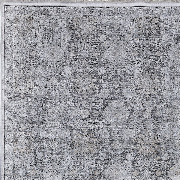 Homeroots 12' X 15' Gray And Silver Damask Power Loom Worn Faded Area Rug Gray Viscose 566357
