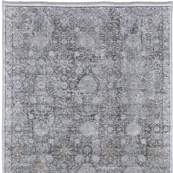 Homeroots 12' X 15' Gray And Silver Damask Power Loom Worn Faded Area Rug Gray Viscose 566357