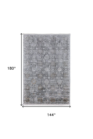 Homeroots 12' X 15' Gray And Silver Damask Power Loom Worn Faded Area Rug Gray Viscose 566357