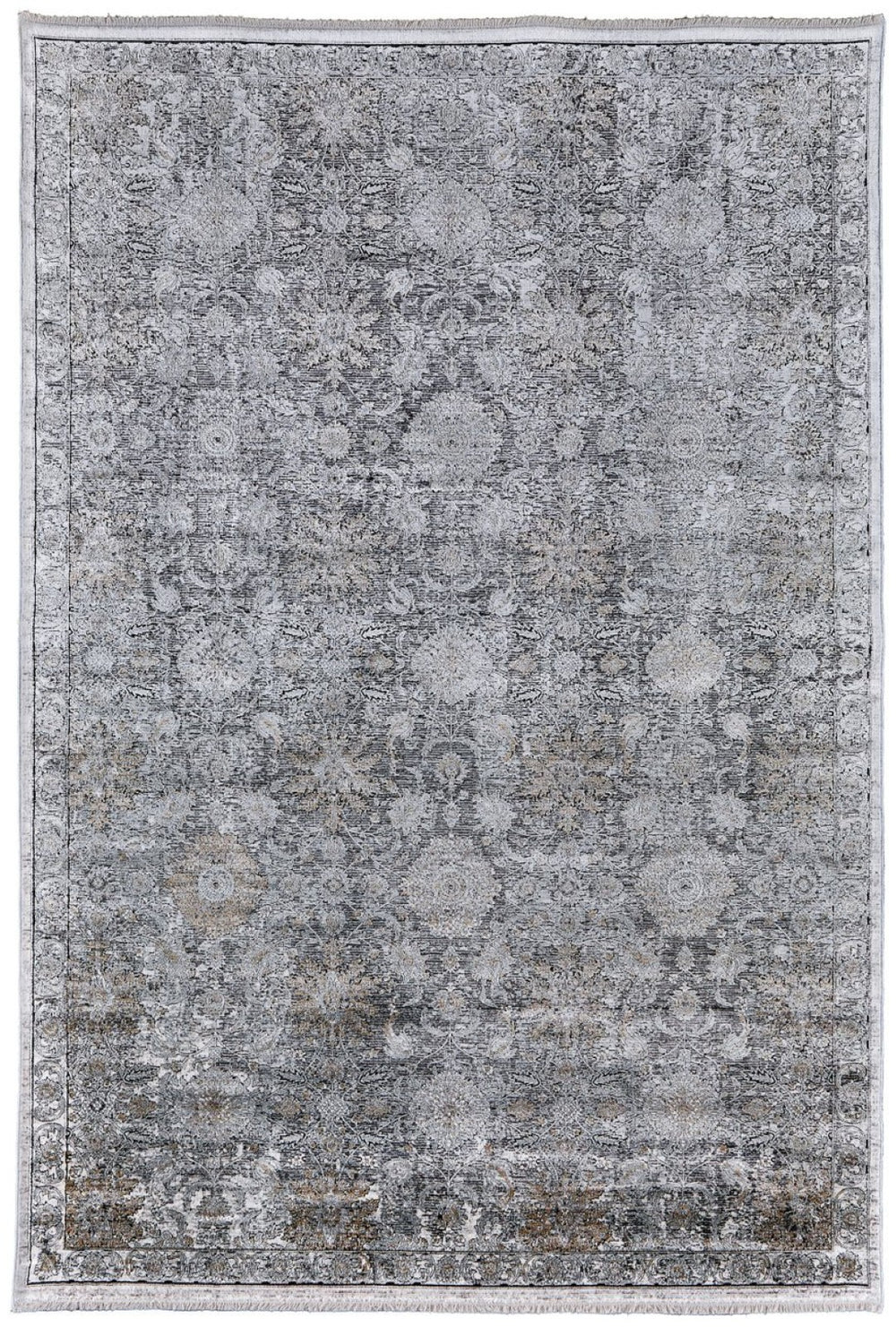 HomeRoots 4' Elegant Gray and Silver Damask Area Rug - Worn-Faded Design for Timeless Sophistication and Comfort 12' X 15' 566357