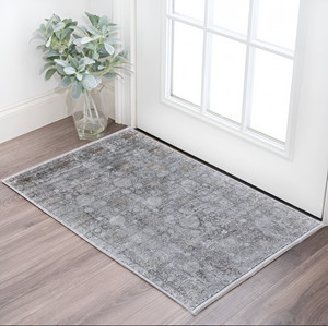 Homeroots 2' X 3' Gray And Silver Damask Power Loom Worn Faded Area Rug Gray Viscose 566358