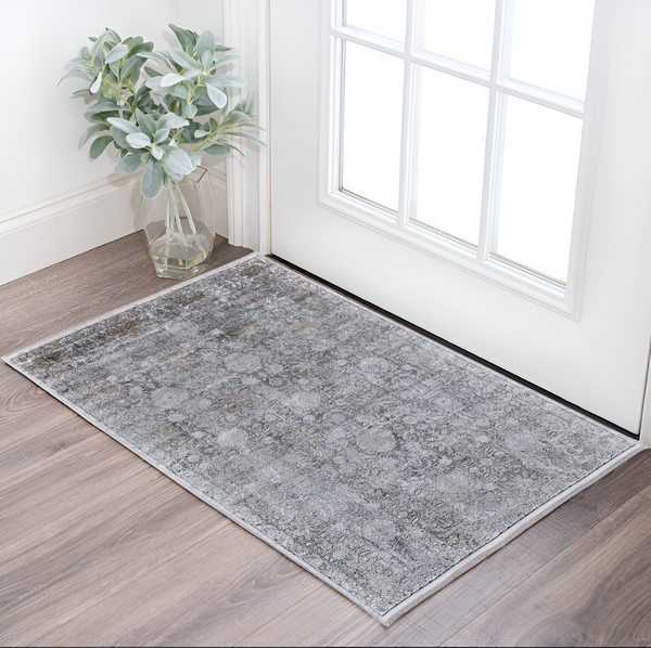 Homeroots 2' X 3' Gray And Silver Damask Power Loom Worn Faded Area Rug Gray Viscose 566358