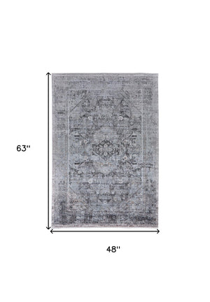 HomeRoots 4' Luxurious Gray and Silver Oriental Area Rug - Vintage Style, Durable Power Loom Construction 4' X 5' 566359