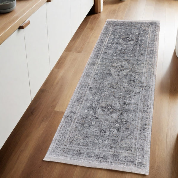 HomeRoots 4' Luxurious Gray and Silver Oriental Area Rug - Vintage Style, Durable Power Loom Construction 8' Runner 566364