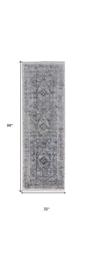 HomeRoots 4' Luxurious Gray and Silver Oriental Area Rug - Vintage Style, Durable Power Loom Construction 8' Runner 566364