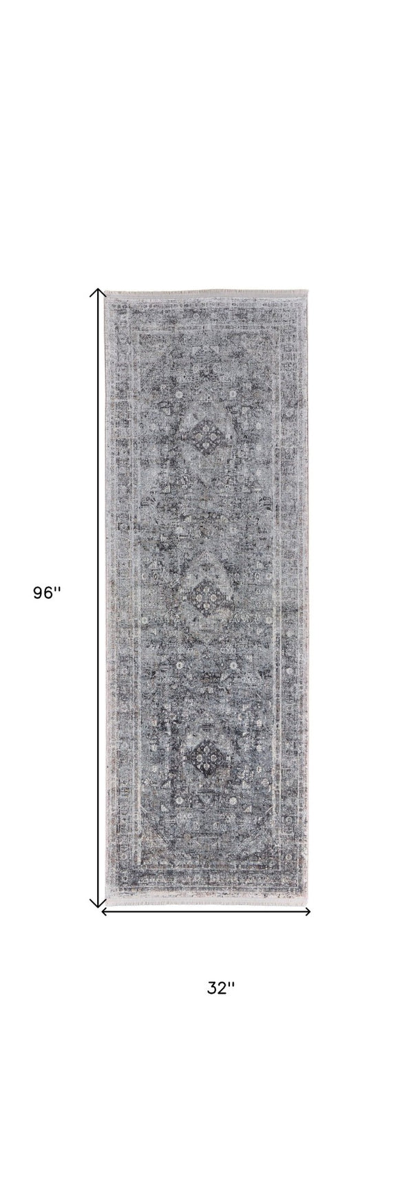 HomeRoots 4' Luxurious Gray and Silver Oriental Area Rug - Vintage Style, Durable Power Loom Construction 8' Runner 566364