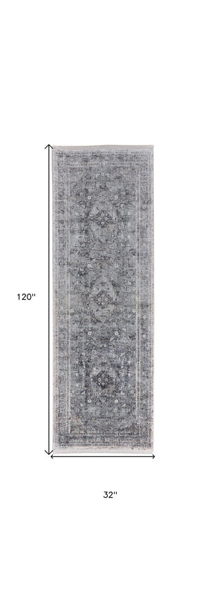 HomeRoots 4' Luxurious Gray and Silver Oriental Area Rug - Vintage Style, Durable Power Loom Construction 10' Runner 566365