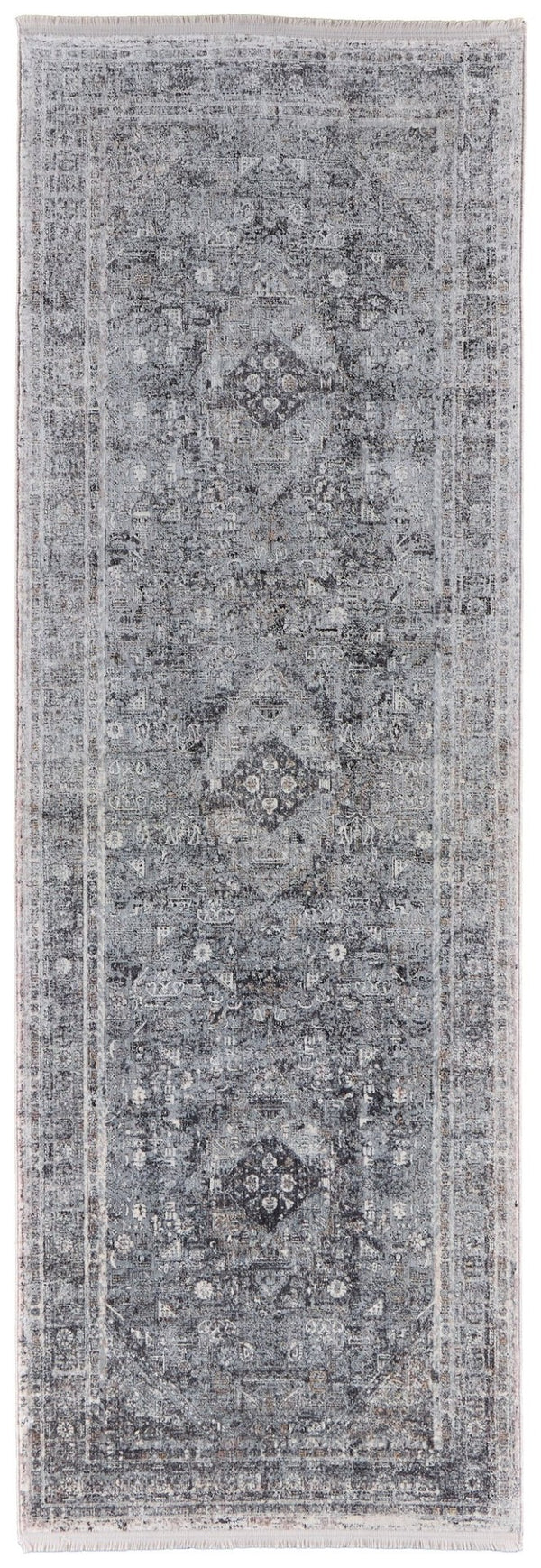 HomeRoots 4' Luxurious Gray and Silver Oriental Area Rug - Vintage Style, Durable Power Loom Construction 10' Runner 566365