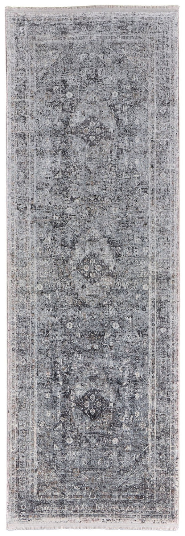 HomeRoots 4' Luxurious Gray and Silver Oriental Area Rug - Vintage Style, Durable Power Loom Construction 10' Runner 566365